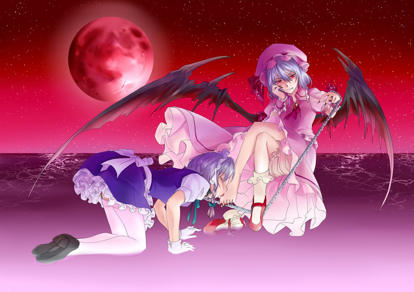 absurdres barefoot bat_wings braid chain feet fingernails foot_licking foot_worship gloves hat highres hisou_noa izayoi_sakuya licking long_fingernails long_toenails maid maid_headdress moon multiple_girls nail_polish red_eyes red_moon red_nails remilia_scarlet shoes short_hair silver_hair single_shoe thighhighs toenail_polish toenails touhou white_legwear wings yuri