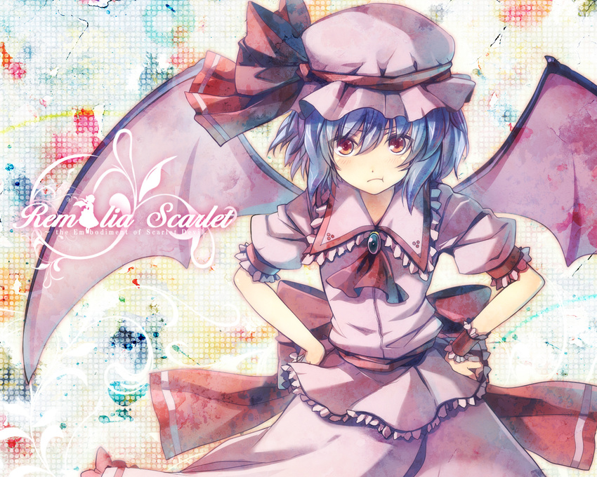 6u_(eternal_land) :t bat_wings blue_hair blush frown hands_on_hips hat md5_mismatch pout red_eyes remilia_scarlet short_hair solo touhou wings