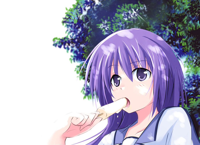 angel_beats! food irie_(angel_beats!) leaf long_hair okome_(minagisama) popsicle purple_eyes purple_hair school_uniform solo tree