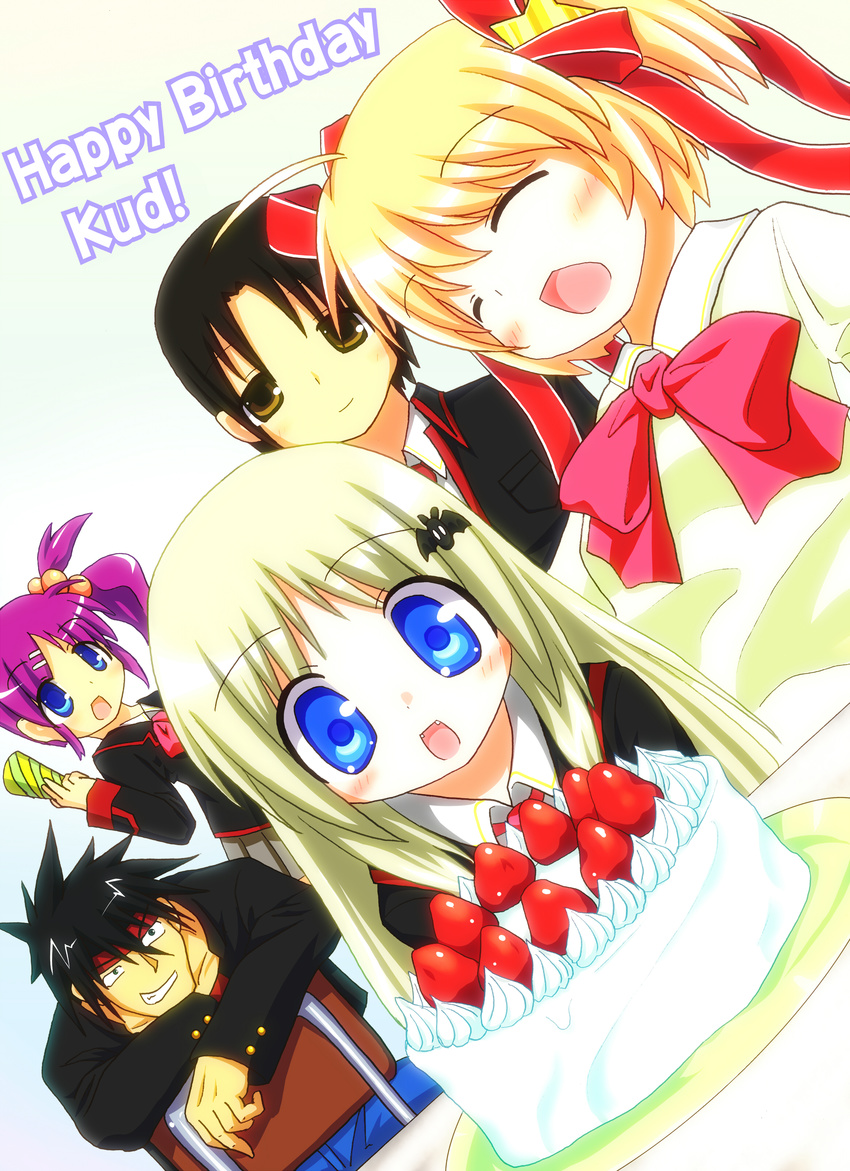 3girls absurdres bad_id bad_pixiv_id birthday bow cake dutch_angle ebisuke food fruit highres inohara_masato kamikita_komari little_busters! multiple_boys multiple_girls naoe_riki noumi_kudryavka pink_bow saigusa_haruka school_uniform strawberry