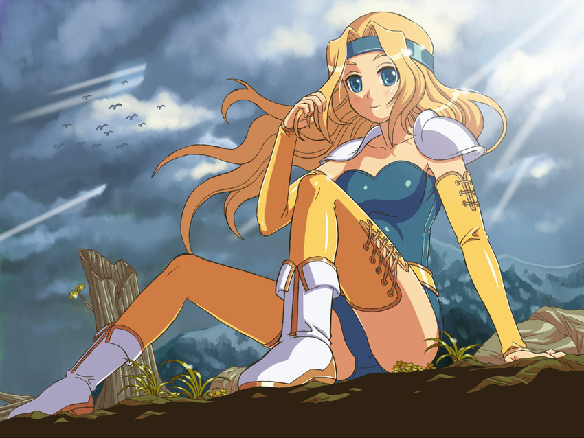 bad_id bad_pixiv_id bird blonde_hair blue_eyes boots celes_chere detached_sleeves final_fantasy final_fantasy_vi headband kt long_hair shoulder_pads sitting smile thighhighs