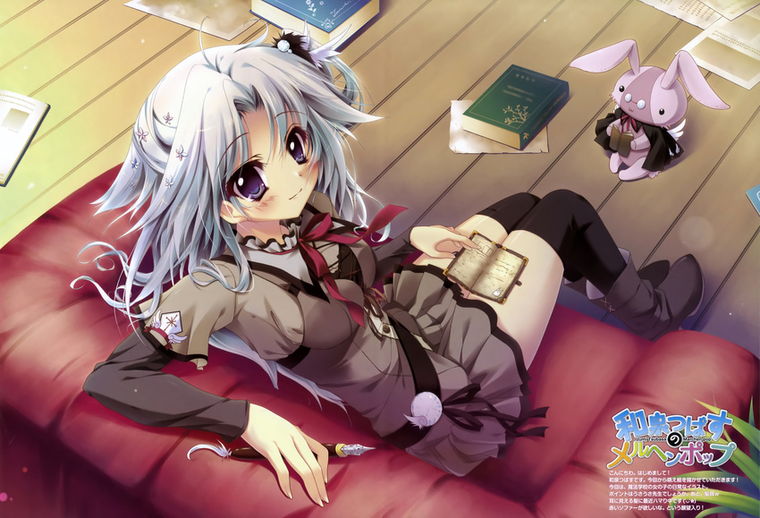 absurdres book boots hair_ornament highres izumi_tsubasu original pen purple_eyes school_uniform silver_hair solo stuffed_animal stuffed_bunny stuffed_toy thighhighs