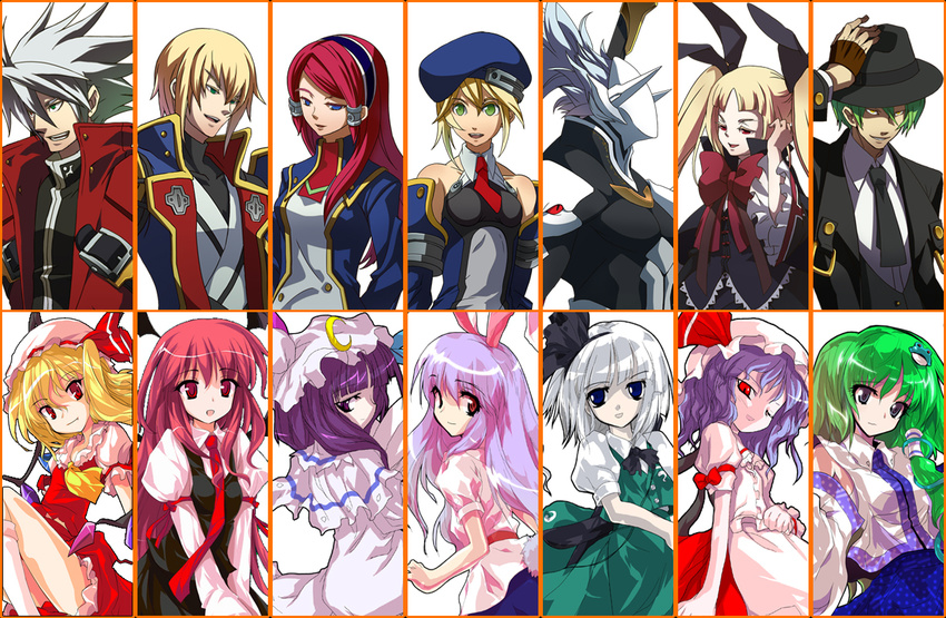 6+girls alphes animal_ears bad_id bad_pixiv_id bat bat_wings beret black_eyes blazblue blonde_hair blue_eyes book bow bunny_ears collage crossover dress eien_no_kurayami flandre_scarlet frog_hair_ornament gothic green_eyes green_hair hair_ornament hakumen hat hazama headband heterochromia ideolo jin_kisaragi koakuma kochiya_sanae konpaku_youmu m.u.g.e.n military military_uniform mori_toshimichi multiple_boys multiple_girls necktie noel_vermillion patchouli_knowledge purple_hair rachel_alucard ragna_the_bloodedge red_bow red_eyes red_hair reisen_udongein_inaba remilia_scarlet ribbon silver_hair snake_hair_ornament third-party_edit touhou tsubaki_yayoi uniform wings yellow_eyes