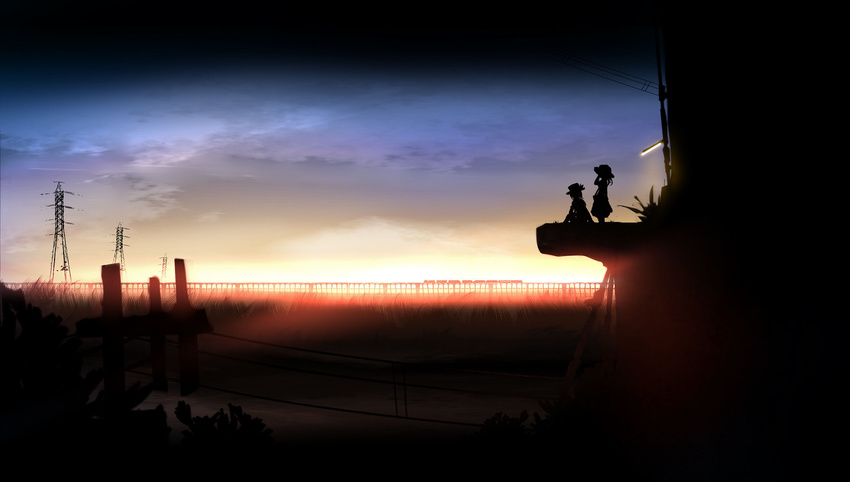 evening ground_vehicle highres maribel_hearn multiple_girls power_lines scenery silhouette touhou train usami_renko yoshioka_yoshiko