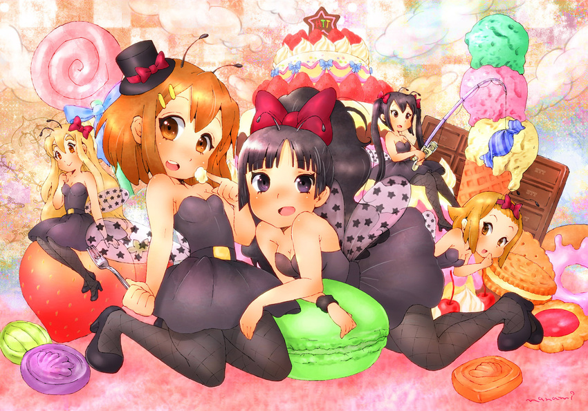 akiyama_mio alternate_costume antennae artist_name bad_id bad_pixiv_id black_eyes black_hair blonde_hair brown_eyes brown_hair cake candy chocolate chocolate_bar cookie fishing_rod fishnet_pantyhose fishnets food fork fruit highres hirasawa_yui ice_cream ice_cream_cone in_food jam_cookie k-on! kotobuki_tsumugi listen!! long_hair macaron minigirl multiple_girls nakano_azusa nanami_tomorou pantyhose pastry strawberry tainaka_ritsu triple_scoop wings