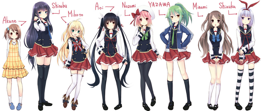 7gear :3 ahoge bad_id bad_pixiv_id black_hair blonde_hair blue_eyes blush bob_cut bow brown_eyes brown_hair character_name fang green_eyes green_hair hair_bobbles hair_ornament hair_ribbon hairband hairclip hat hatachi highres jacket legs lineup long_hair multiple_girls necktie original pantyhose pink_hair plaid ponytail purple_eyes purple_hair red_eyes ribbon school_uniform short_hair short_twintails side_ponytail skirt socks striped striped_legwear thighhighs twintails yellow_eyes zettai_ryouiki