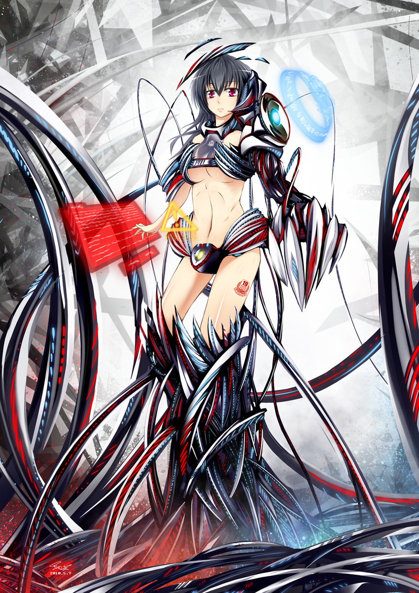 black_hair breasts cable claws dated glycyrrhizae great_firewall highres long_hair medium_breasts midriff navel original personification purple_eyes revealing_clothes science_fiction signature solo tattoo underboob wire