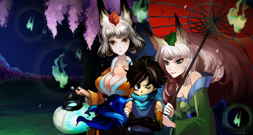 2girls animal_ears bags_under_eyes bare_shoulders black_hair blue_eyes breasts brown_eyes cleavage coffeefox33 crossed_arms fox_ears highres hitodama japanese_clothes kimono kisuke kongiku lantern large_breasts leaf leaf_on_head long_hair multiple_girls night ninja oboro_muramasa off_shoulder one_eye_closed oriental_umbrella paper_lantern ponytail scarf signature silver_hair sky star_(sky) starry_sky umbrella yuzuruha