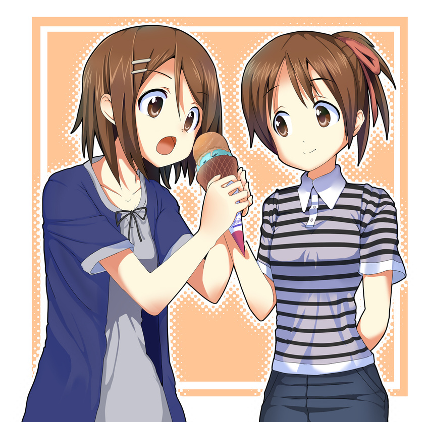 bad_id bad_pixiv_id brown_eyes brown_hair casual feeding food hair_ornament hair_ribbon hairclip highres hirasawa_ui hirasawa_yui ice_cream k-on! masamuuu multiple_girls open_mouth ponytail ribbon short_hair siblings sisters smile