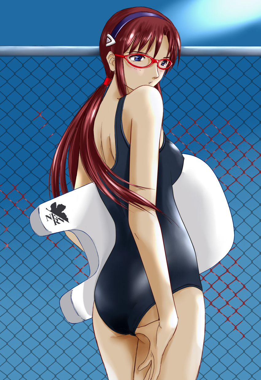 adjusting_clothes adjusting_swimsuit ass blue_eyes brown_hair chain-link_fence dokkn evangelion:_2.0_you_can_(not)_advance fence glasses highres kickboard looking_back makinami_mari_illustrious neon_genesis_evangelion nerv one-piece_swimsuit rebuild_of_evangelion school_swimsuit solo swimsuit twintails