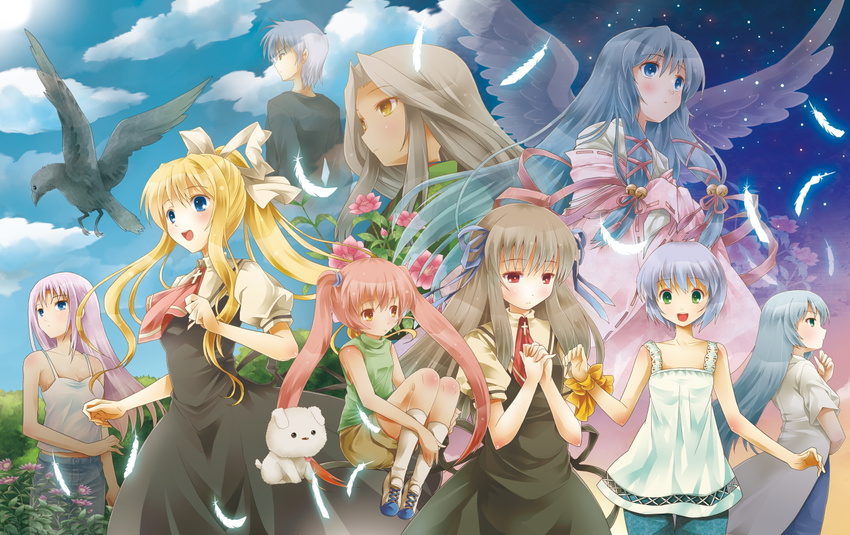 6+girls air bad_id bad_pixiv_id bird blonde_hair blue_eyes blue_hair brown_hair crow feathers flower green_eyes hair_ribbon kamio_haruko kamio_misuzu kannabi_no_mikoto kirishima_hijiri kirishima_kano kunisaki_yukito michii_yuuki michiru_(air) multiple_girls potato_(air) red_eyes red_hair ribbon school_uniform sora_(air) toono_minagi uraha_(air) wings yellow_eyes