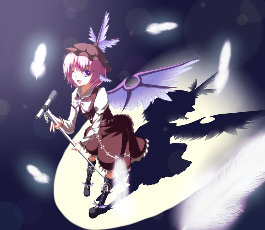 animal_ears boots feathers hat microphone_stand music mystia_lorelei one_eye_closed open_mouth pink_hair purple_eyes ryosios short_hair singing solo touhou wings