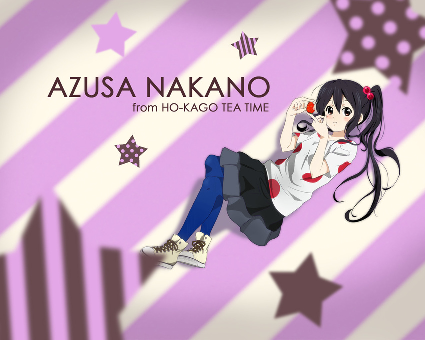 :t blue_legwear character_name food fruit hair_bobbles hair_ornament holding holding_food holding_fruit k-on! listen!! nakano_azusa pantyhose polka_dot saitoyu00 shoes side_ponytail skirt solo strawberry wallpaper