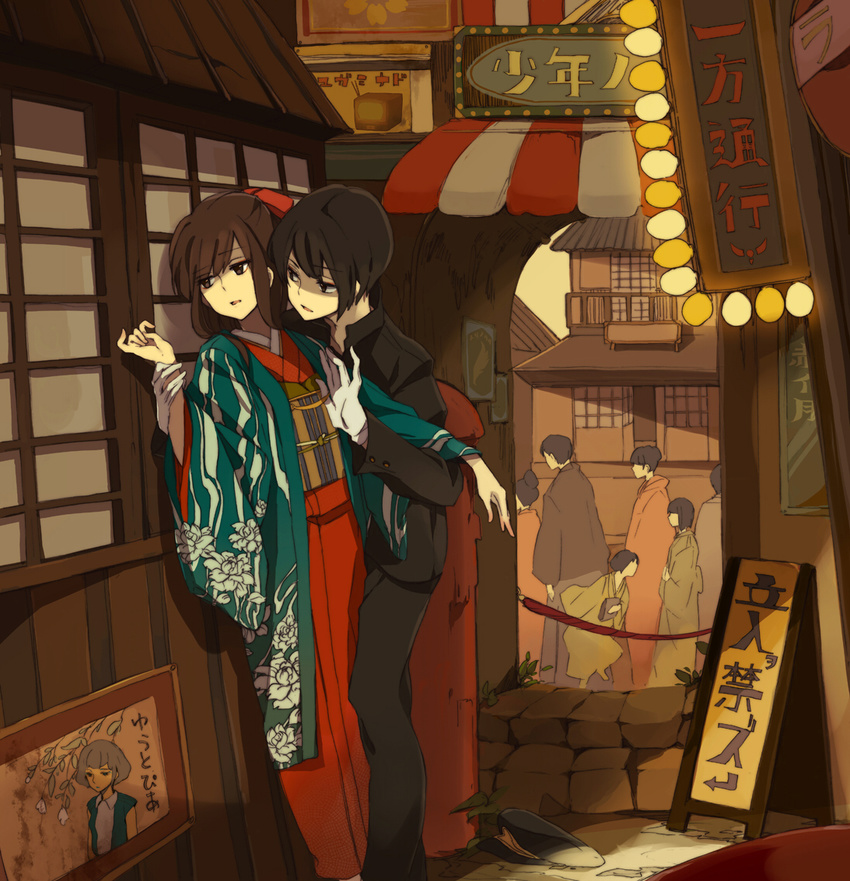 1girl against_wall architecture black_hair brown_eyes brown_hair city couple east_asian_architecture flirting gakuran gloves hair_ribbon hetero japanese_clothes kimono looking_away lowe_(slow) original outdoors ribbon scenery school_uniform short_hair sign white_gloves wrist_grab