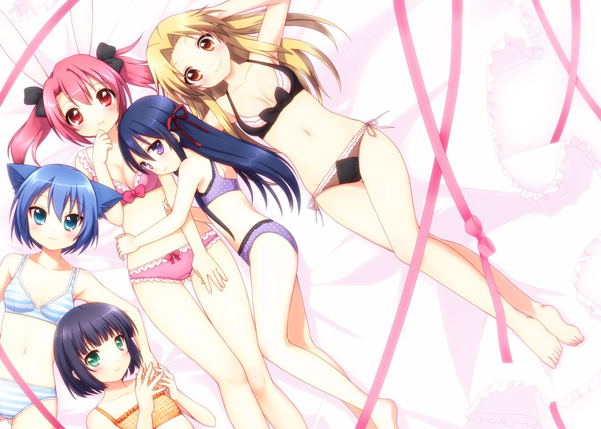 animal_ears barefoot black_bra black_hair black_panties blonde_hair blue_eyes blue_hair blush bow bow_bra bow_panties bra breasts bunny_ears cat_ears cleavage green_eyes hair_bow highres hug legs lingerie looking_at_viewer lying medium_breasts multiple_girls navel on_back on_side onka orange_bra original panties pink_bra pink_hair pink_panties plaid plaid_bra purple_bra purple_panties red_eyes ribbon sakura_(usashiro_mani) side-tie_panties small_breasts smile striped striped_bra striped_panties thigh_gap twintails underwear underwear_only usashiro_mani waka_(mani) yellow_eyes