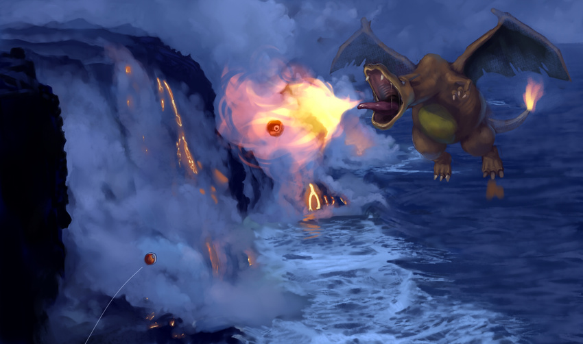 aerial_battle battle charizard fire flying gen_1_pokemon molten_rock night no_humans ocean poke_ball pokemon pokemon_(creature) solo throwing_poke_ball volcano water