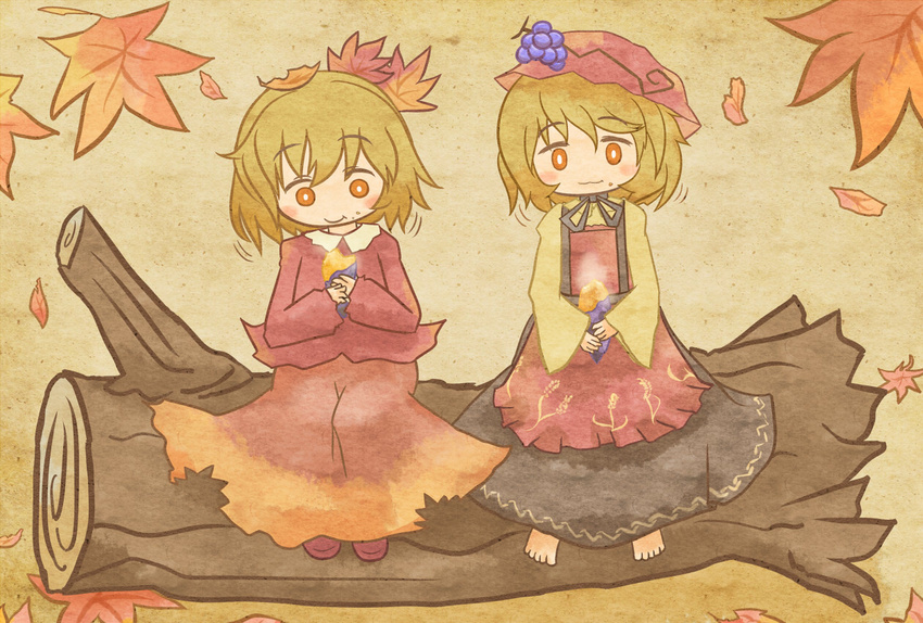 :3 aki_minoriko aki_shizuha akihiyo autumn barefoot blonde_hair eating food fruit grapes hair_ornament hat leaf leaf_hair_ornament log multiple_girls short_hair siblings sisters sitting sweet_potato touhou yakiimo