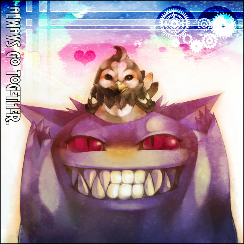 gears gen_1_pokemon gen_4_pokemon gengar grin heart highres md5_mismatch no_humans pokemon pokemon_(creature) size_difference smile starly taijukaren teeth