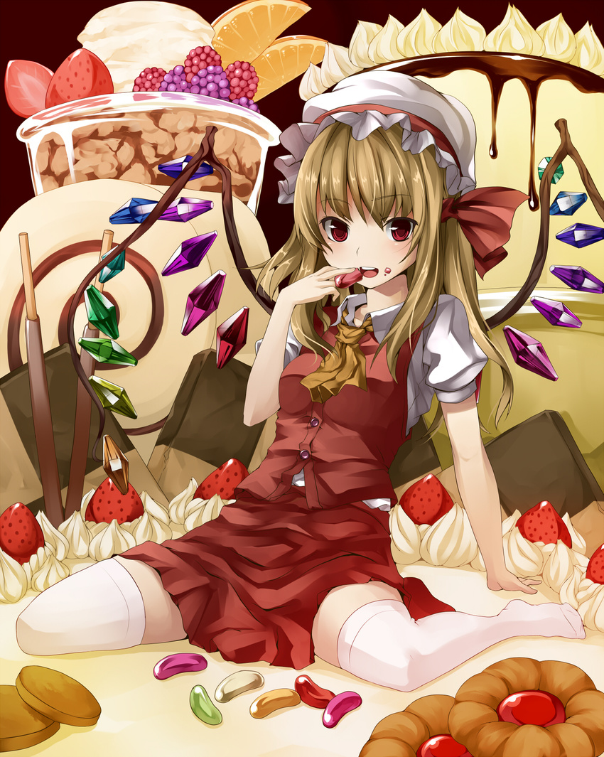 blonde_hair cake candy cookie flandre_scarlet food hat highres ice_cream jelly_bean ponytail red_eyes short_hair side_ponytail solo thighhighs touhou unasaka_ryou wings