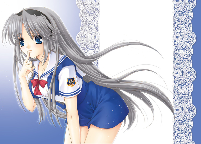 blue_eyes clannad hairband hikarizaka_private_high_school_uniform leaning_forward long_hair sakagami_tomoyo school_uniform silver_hair solo tomoyo_after tsukasaki_aoi