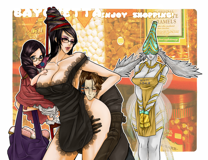 3girls apron bag bayonetta bayonetta_(character) black_hair blue_eyes blush breasts brown_hair candy carrying cereza child cleavage closed_eyes collarbone doll dress drill_hair eyeshadow food glasses hair_bun hair_ribbon headlock highres hips huge_breasts invasion_(pixiv612043) joy_(bayonetta) legs lips lipstick long_hair looking_back luka_redgrave makeup mole multiple_girls naked_apron nude ribbon smile sweatdrop thighs very_long_hair wide_hips