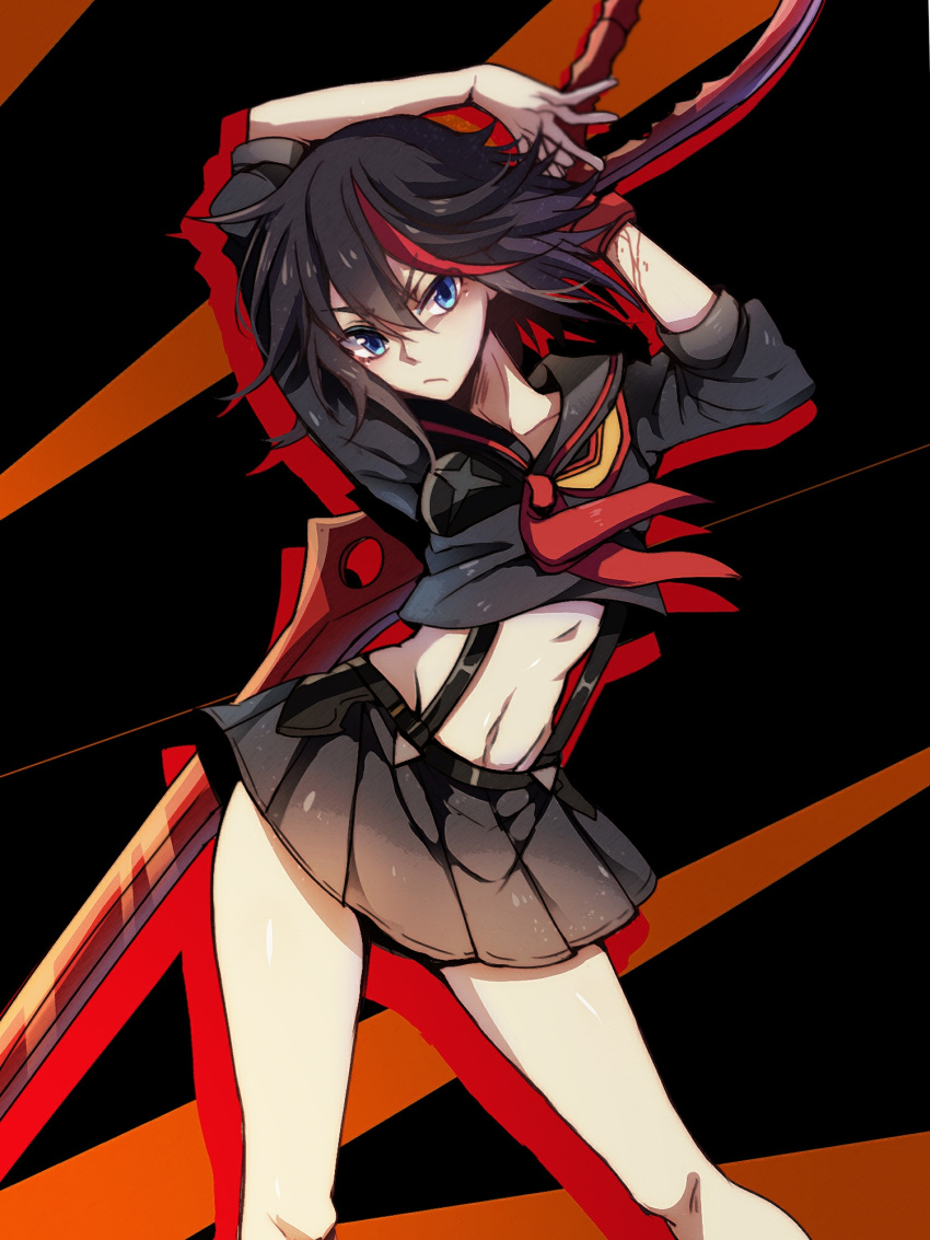 &gt;:( 1girl arms_up bangs black_background black_hair black_sailor_collar black_serafuku black_skirt blue_eyes commentary crop_top eyebrows_visible_through_hair feet_out_of_frame gloves groin hair_between_eyes head_tilt highres holding holding_weapon kill_la_kill looking_at_viewer matoi_ryuuko midriff miniskirt multicolored_hair navel neckerchief nga_(artist) pleated_skirt red_gloves red_hair red_neckwear sailor_collar school_uniform scissor_blade senketsu serafuku short_hair silhouette single_glove skirt skirt_set solo standing stomach streaked_hair suspender_skirt suspenders thighs v-shaped_eyebrows weapon