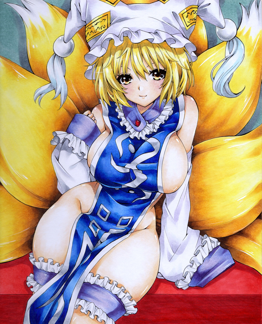 1girl absurdres arm_support bare_shoulders blonde_hair blue_legwear blue_tabard breasts closed_mouth detached_sleeves eyelashes fox_girl fox_tail frilled_legwear groin hair_between_eyes hand_up hat highres hmdark-9 large_breasts long_sleeves looking_at_viewer mob_cap multiple_tails naked_tabard pillow_hat shiny shiny_hair shiny_skin short_hair sideboob sitting sleeves_past_fingers sleeves_past_wrists smile solo tabard tail thick_thighs thigh_strap thighs touhou traditional_media white_headwear wide_hips yakumo_ran yellow_eyes