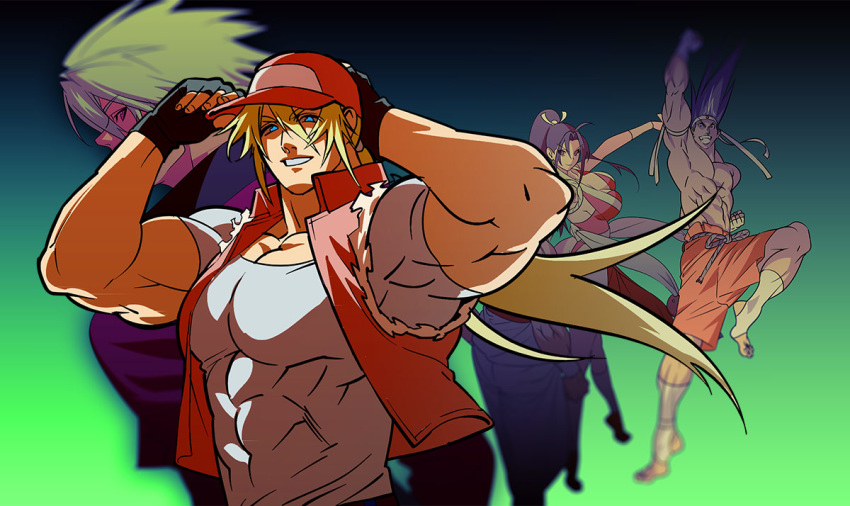 1girl 4boys adjusting_clothes adjusting_hat andy_bogard baseball_cap blonde_hair blue_eyes blurry denim depth_of_field fatal_fury fingerless_gloves gloves hat inset joe_higashi long_hair male_focus multiple_boys muscle ponytail rock_howard shiranui_mai shirt t-shirt teku_(user_dkza5588) terry_bogard vest