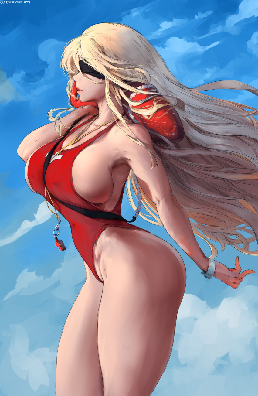 absurdres bare_shoulders baywatch blindfold blonde_hair bracelet breasts collarbone covered_nipples cutesexyrobutts goblin_slayer! highres huge_breasts huge_filesize jewelry lanyard lifeguard lips long_hair paid_reward parted_lips patreon_reward sideboob signature sword_maiden thick_thighs thighs very_long_hair whistle