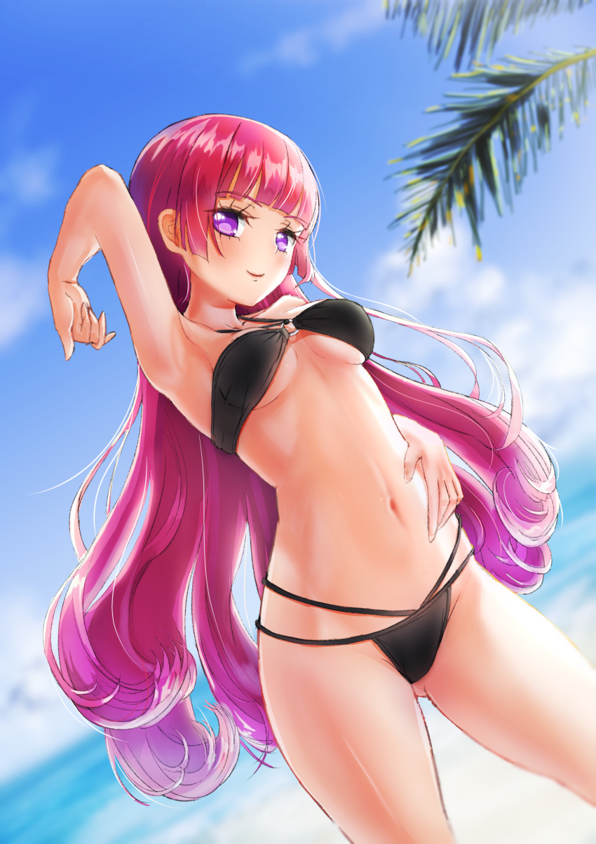 1girl absurdres arm_up armpits ass_visible_through_thighs bikini black_bikini blue_sky blurry blurry_background blush breasts closed_mouth collarbone commentary cowboy_shot day highres hime_cut houjou_sophie idol_time_pripara kawosu_shikou long_hair looking_at_viewer medium_breasts navel outdoors palm_tree pink_hair pretty_(series) pripara purple_eyes sky smile solo swimsuit tree underboob very_long_hair