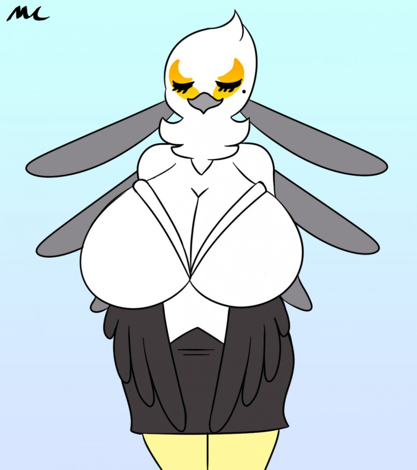 accipitriform aggressive_retsuko anthro avian beak big_breasts bird blue_background breasts clothed clothing eyes_closed feathers female hi_res huge_breasts mechaclank sanrio secretary_bird secretary_washimi simple_background solo standing thick_thighs white_feathers wide_hips