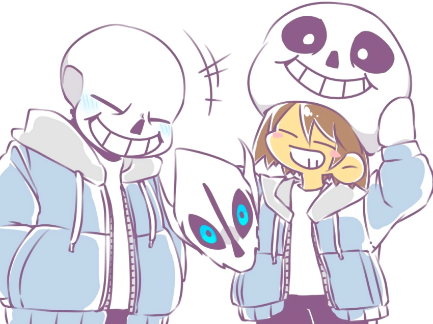 1boy 1other blush_stickers brown_hair cosplay frisk_(undertale) gasterblaster grin helmet majimelon mask sans sans_(cosplay) smile super_smash_bros. undertale yellow_skin