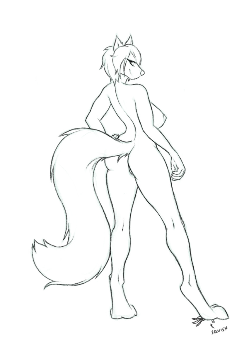 2019 anthro big_breasts breasts butt canid canine digital_media_(artwork) female fox free_art fur hair hi_res jakethegoat larger_female looking_at_viewer macro mammal micro micro_on_macro nipples nude simple_background size_difference sketch smile stepping stomping text
