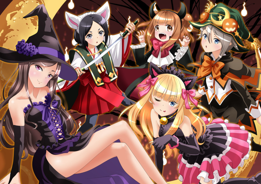 5girls alternate_costume ange_(princess_principal) animal_ears bangs beatrice_(princess_principal) black_dress black_gloves black_hair black_headwear black_skirt blonde_hair blue_eyes blunt_bangs bow brown_eyes brown_hair crescent crossed_legs dorothy_(princess_principal) double_bun dress elbow_gloves fake_animal_ears fake_horns flower gloves green_headwear grey_eyes grey_hair hair_bow halloween hat hat_flower japanese_clothes long_hair long_sleeves looking_at_viewer miko multiple_girls neck_bell one_eye_closed open_mouth orange_bow paw_pose pink_bow pink_skirt princess_(princess_principal) princess_principal purple_eyes short_hair skirt smile taniguchi_gou tongue tongue_out toudou_chise wide_sleeves witch_hat