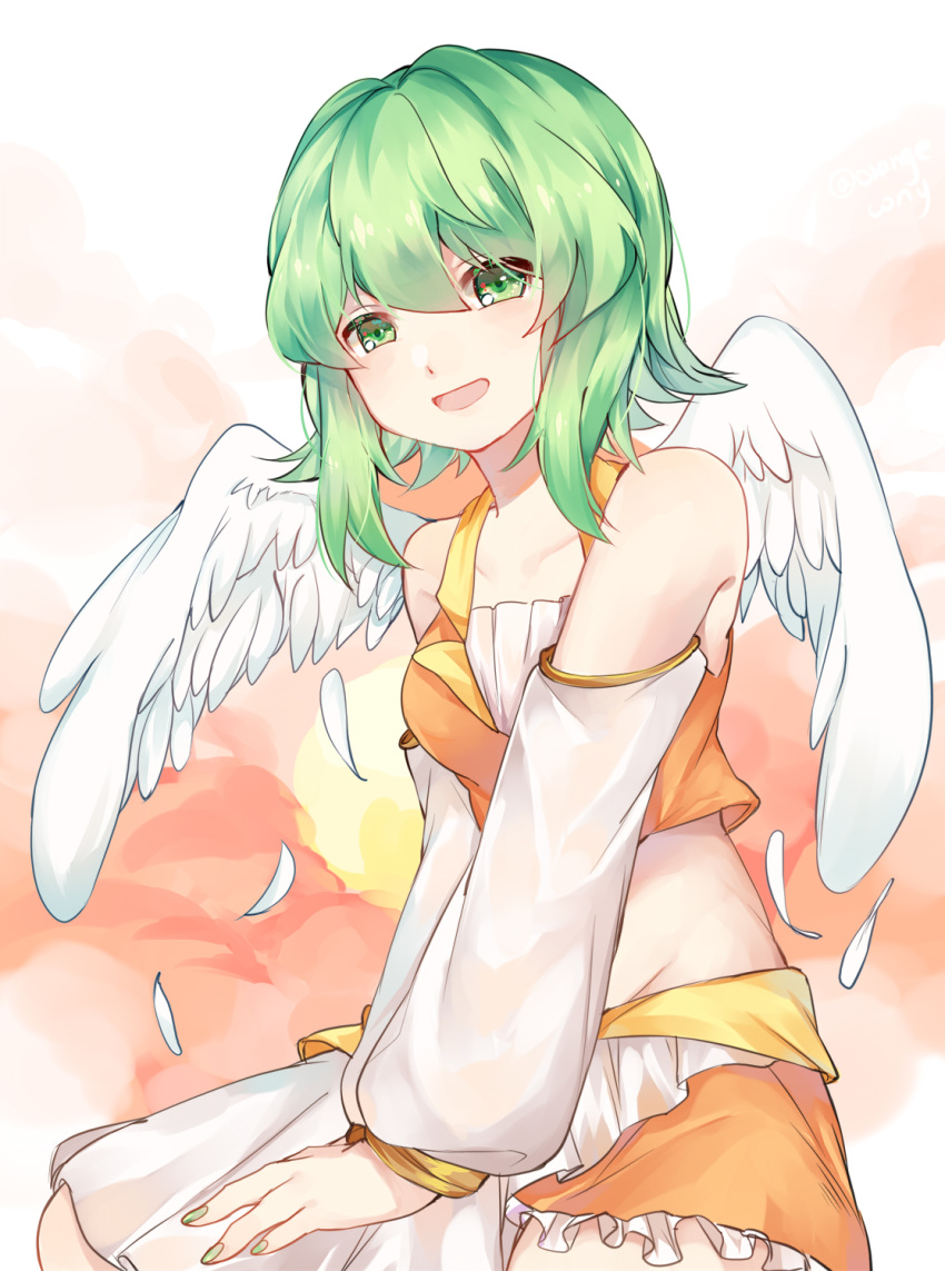 1girl :d bai_li_ji_yun bare_shoulders chinese_commentary commentary crop_top detached_sleeves feathered_wings green_eyes green_hair green_nails gumi highres looking_at_viewer medium_hair mixed-language_commentary open_mouth smile solo vocaloid white_wings wings