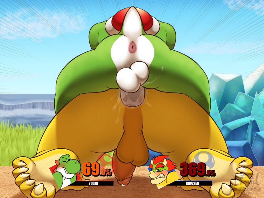 2019 4:3 anal anal_penetration anthro anthro_penetrating anus balls bodily_fluids bowser butt digital_media_(artwork) dinosaur duo erection feet genital_fluids green_scales green_yoshi hair hi_res humanoid_penis koopa male male/male mammal mario_bros nintendo nude penetration penis rear_view red_hair reptile scales scalie sex size_difference small_dom_big_sub super_smash_bros. super_smash_bros._ultimate timidwithapen video_games yellow_scales yoshi yoshi's_island