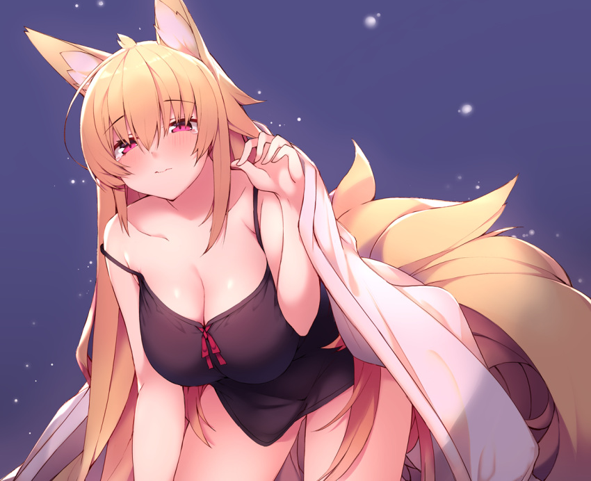 animal_ears blonde_hair blue blush breasts cleavage cropped haruyuki_(yukichasoba) long_hair multiple_tails original pink_eyes tail tears