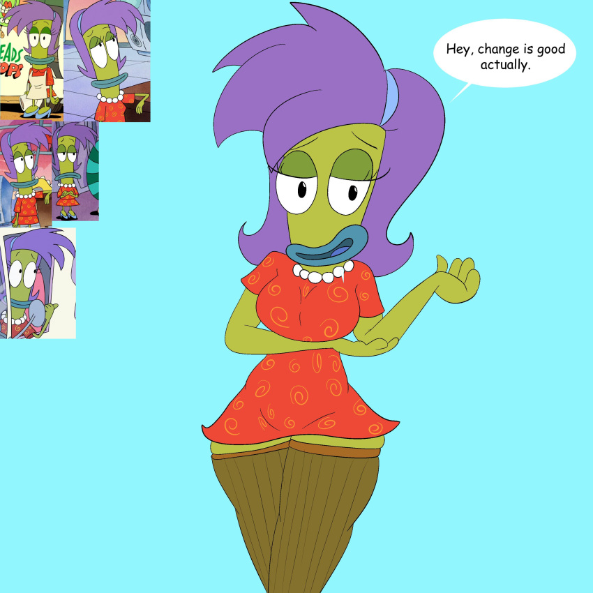 1:1 2019 absurd_res amphibian anthro beaked_toad bottomwear breasts cane_toad clothed clothing dialogue digital_media_(artwork) english_text female frog green_skin hair hi_res legwear lips looking_at_viewer nickelodeon non-mammal_breasts open_mouth pearl_necklace peebae purple_hair rachel_bighead rocko's_modern_life simple_background smile solo text thigh_highs toad_(frog) topwear true_toad