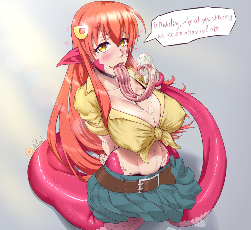 1girl blush breasts cleavage dessert eyebrows_visible_through_hair food forked_tongue hair_between_eyes highres ice_cream lamia large_breasts licking long_hair looking_at_viewer miia_(monster_musume) monster_girl monster_musume_no_iru_nichijou navel open_mouth plasmid reptile saliva skirt snake solo stomach tongue tongue_out