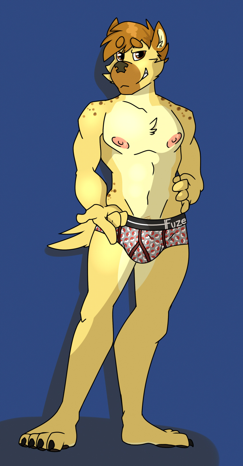 2019 absurd_res anthro biped bottomwear briefs bulge clothed clothing digital_media_(artwork) fuzeyeen hair hi_res hyaenid looking_at_viewer male mammal muscular muscular_male nipples pose simple_background smile solo spots spotted_hyena standing sylvanedadeer topless underwear