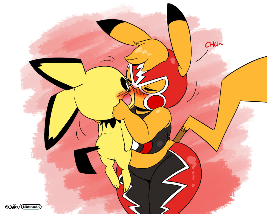 2019 5:4 ambiguous_gender anthro blush clothing cosplay_pikachu_(costume) costume digital_media_(artwork) dipstick_ears duo eyes_closed female female/ambiguous hi_res joaoppereiraus kissing larger_female multicolored_ears nintendo pichu pikachu pikachu_libre pok&eacute;mon pok&eacute;mon_(species) size_difference video_games