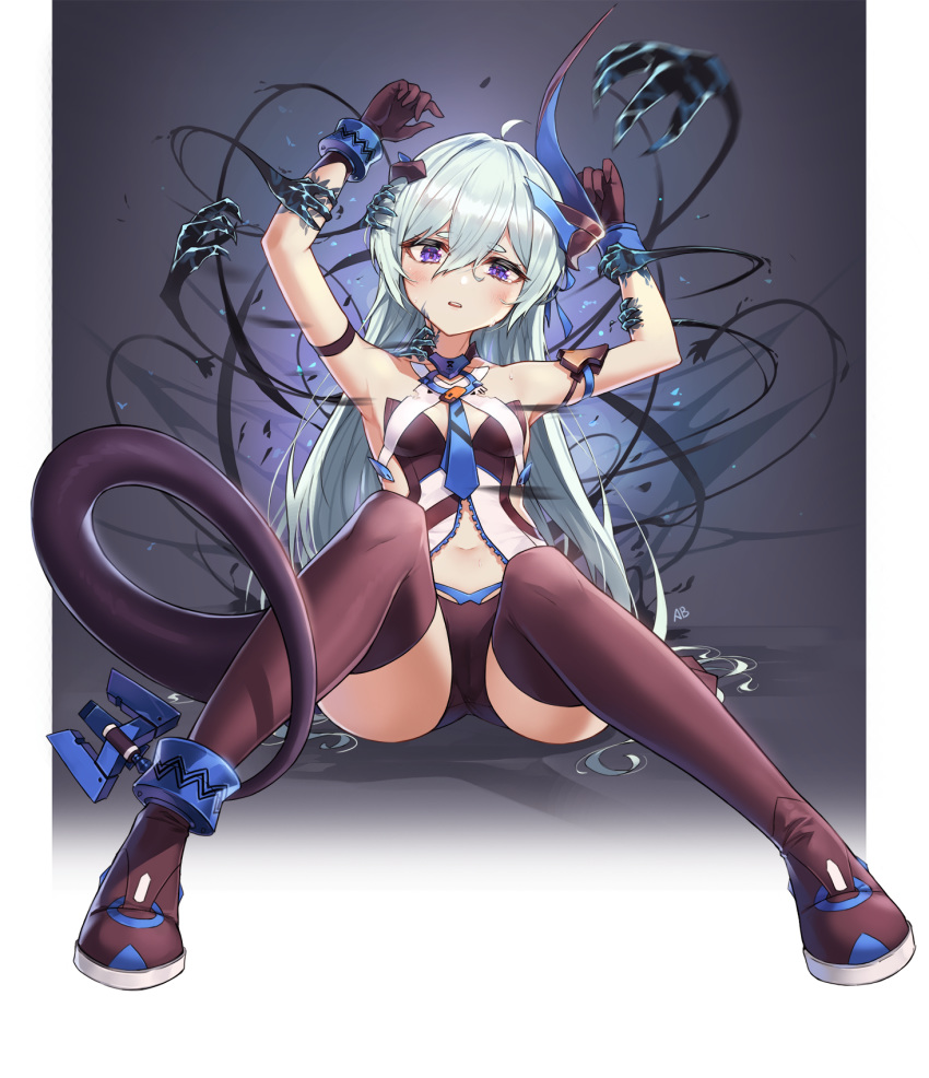 aliceblue arm_strap armlet armpits arms_up bangs bare_shoulders black_gloves black_legwear blue_eyes blush boots bound breasts brown_footwear cuffs dress eyebrows_visible_through_hair gloves hair_between_eyes hair_ornament hair_ribbon head_tilt highres honkai_(series) honkai_impact_3rd liliya_olyenyey long_hair looking_at_viewer navel open_clothes open_dress open_mouth ribbon shackles sitting small_breasts spread_legs tail tearing_up thigh_boots thighhighs white_legwear