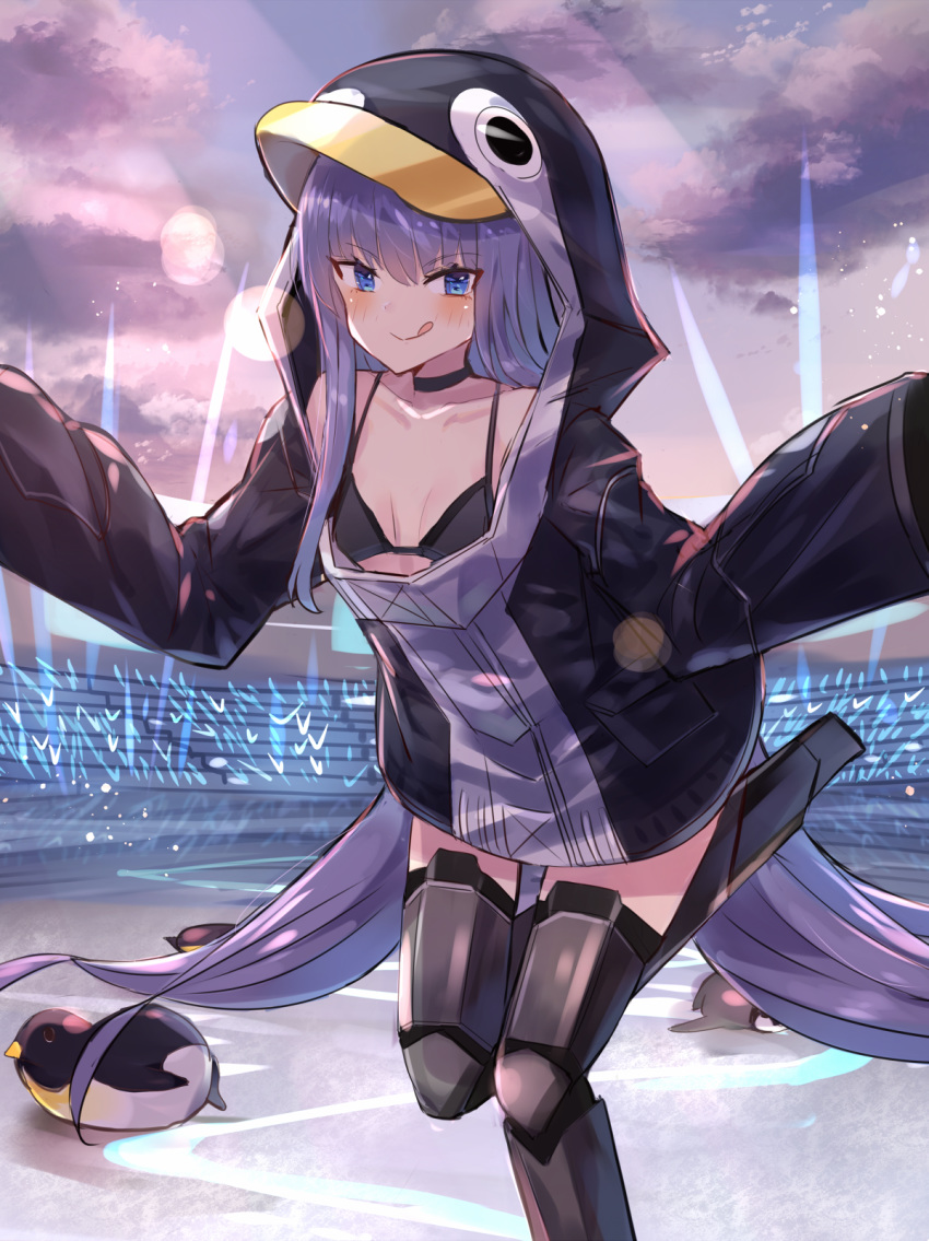 1girl animal_hood bangs bare_shoulders bikini bikini_under_clothes bird black_bikini black_jacket blue_bow blue_eyes blush bow breasts choker collarbone fate/grand_order fate_(series) greaves hair_between_eyes highres hood jacket licking_lips long_hair long_sleeves looking_at_viewer meltryllis meltryllis_(swimsuit_lancer)_(fate) penguin penguin_hood purple_hair sleeves_past_fingers sleeves_past_wrists small_breasts smile swimsuit thighs tongue tongue_out very_long_hair xenonstriker