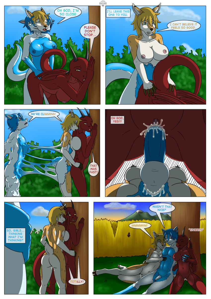 2012 absorption_vore absurd_res after_sex against_tree anthro anthro_on_anthro balls being_watched bent_over big_breasts bisexual blue_eyes blue_hair blue_penis blue_sky bodily_fluids breast_fondling breast_grab breast_squish breasts canid canine cervid clitoris comic crotch_shot cum cum_in_pussy cum_inside day dialogue digital_media_(artwork) dragon english_text erect_nipples erection eyes_closed female female/female fingerless_(marking) fondling fox from_behind_position genital_fluids gloves_(marking) goo_creature goo_transformation grass green_eyes group gynomorph gynomorph/female gynomorph_penetrating hair hand_holding hand_on_breast hi_res hooves horn huge_breasts intersex intersex/female intersex_penetrating interspecies kissing libra-11 looking_at_another male male/female mammal markings membrane_(anatomy) membranous_wings nipples nude open_mouth orgasm penetration penis pussy rodent scalie sciurid sex side_view sky slime speech_bubble spread_legs spreading squish symbiote text transformation tree tree_squirrel vaginal vaginal_penetration vore wings yellow_eyes