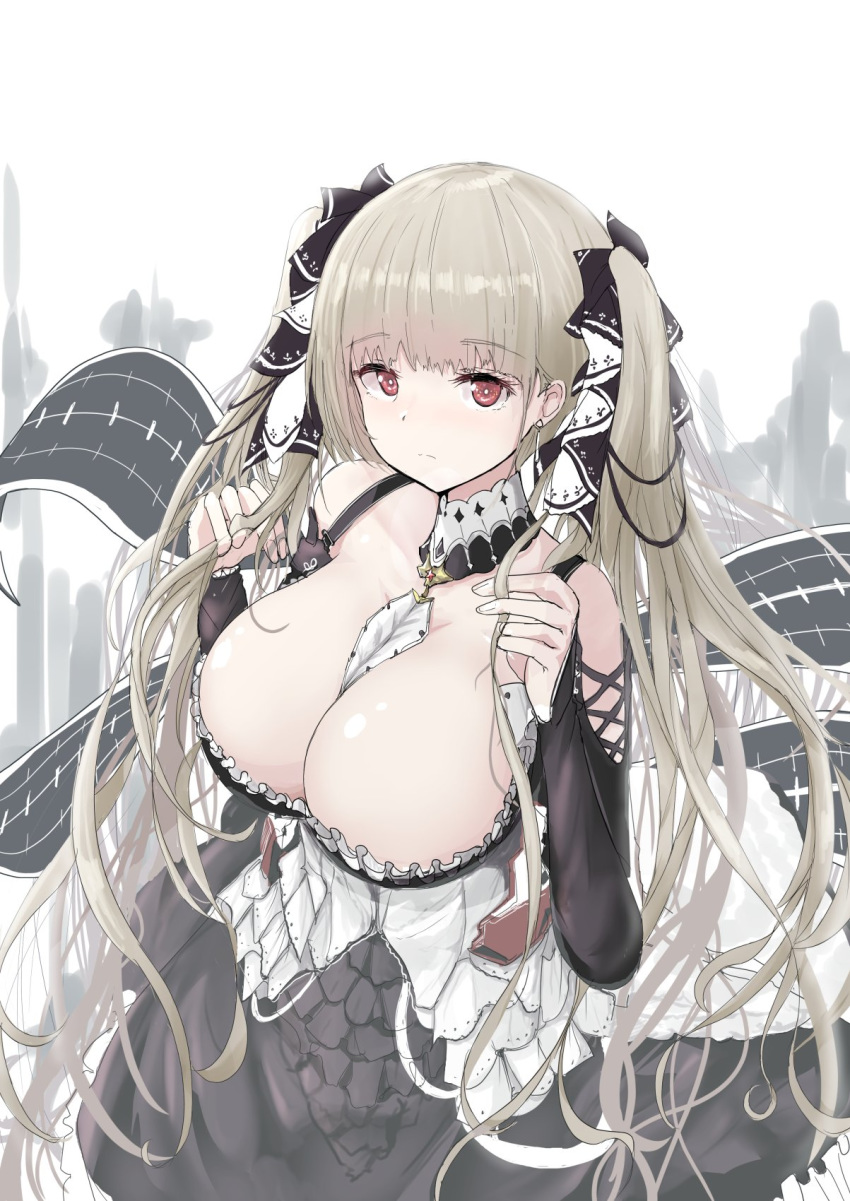 1girl azur_lane bangs bare_shoulders between_breasts black_dress blush breasts cleavage dress earrings eyebrows_visible_through_hair flight_deck formidable_(azur_lane) frilled_dress frills grey_hair hair_ornament hair_ribbon hands_in_hair highres jewelry large_breasts long_hair long_sleeves looking_at_viewer red_eyes ribbon rigging solo take_(trude1945oneetyan) twintails
