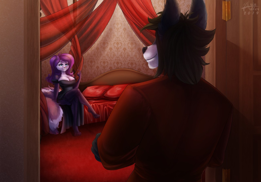 2019 4_toes anthro arinadler beckoning bed bedroom biped black_clothing black_dress black_fur blue_eyes breasts brown_hair canid canine canis cleavage clothed clothing crossed_legs detailed_background digital_media_(artwork) dress duo eyebrows eyelashes female fifi_la_fume fingers fur gesture hair legwear long_hair male male/female mammal mephitid multicolored_fur multicolored_tail pantyhose pink_nose purple_eyebrows purple_fur purple_hair purple_tail seductive short_hair sitting skunk smile standing tiny_toon_adventures toes two_tone_fur two_tone_tail warner_brothers white_fur white_tail wolf