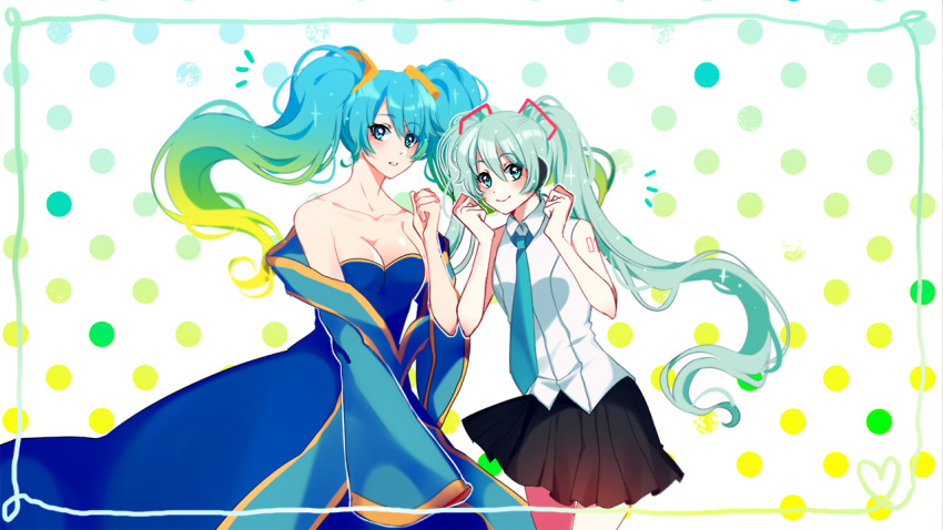 2girls aqua_eyes aqua_hair aqua_neckwear bangs bare_arms bare_shoulders black_skirt blonde_hair blue_dress blue_eyes breasts cleavage collarbone commentary crossover dress english_commentary gradient_hair green_hair hair_between_eyes hand_up hands_up hatsune_miku league_of_legends long_hair look-alike looking_at_viewer medium_breasts multicolored_hair multiple_girls necktie number_tattoo parted_lips pleated_skirt polka_dot polka_dot_background savi_(byakushimc) shirt shoulder_tattoo simple_background skirt sleeveless sleeveless_shirt smile sona_buvelle strapless strapless_dress tattoo twintails very_long_hair vocaloid white_shirt wide_sleeves wing_collar