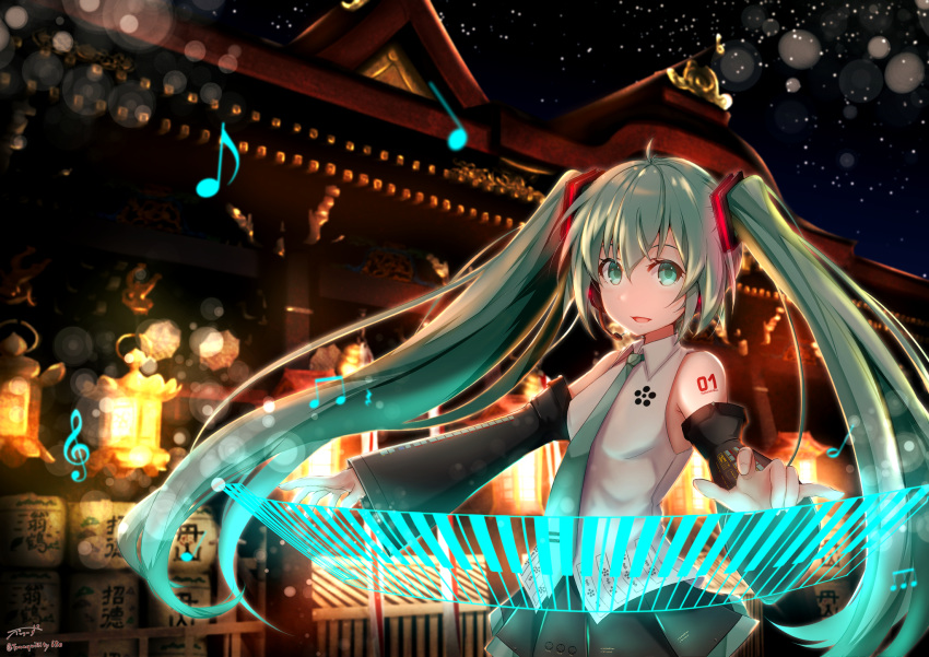 1girl artist_name baileys_(tranquillity650) collared_shirt commentary_request detached_sleeves eighth_note eyebrows_visible_through_hair floating_hair green_eyes green_hair green_neckwear green_skirt hair_between_eyes hair_ornament half_note hatsune_miku headphones highres instrument keyboard_(instrument) lantern light_particles long_hair looking_at_viewer musical_note necktie night night_sky outdoors outstretched_arms quarter_note shirt shrine signature skirt sky sleeveless sleeveless_shirt solo twintails very_long_hair vocaloid white_shirt