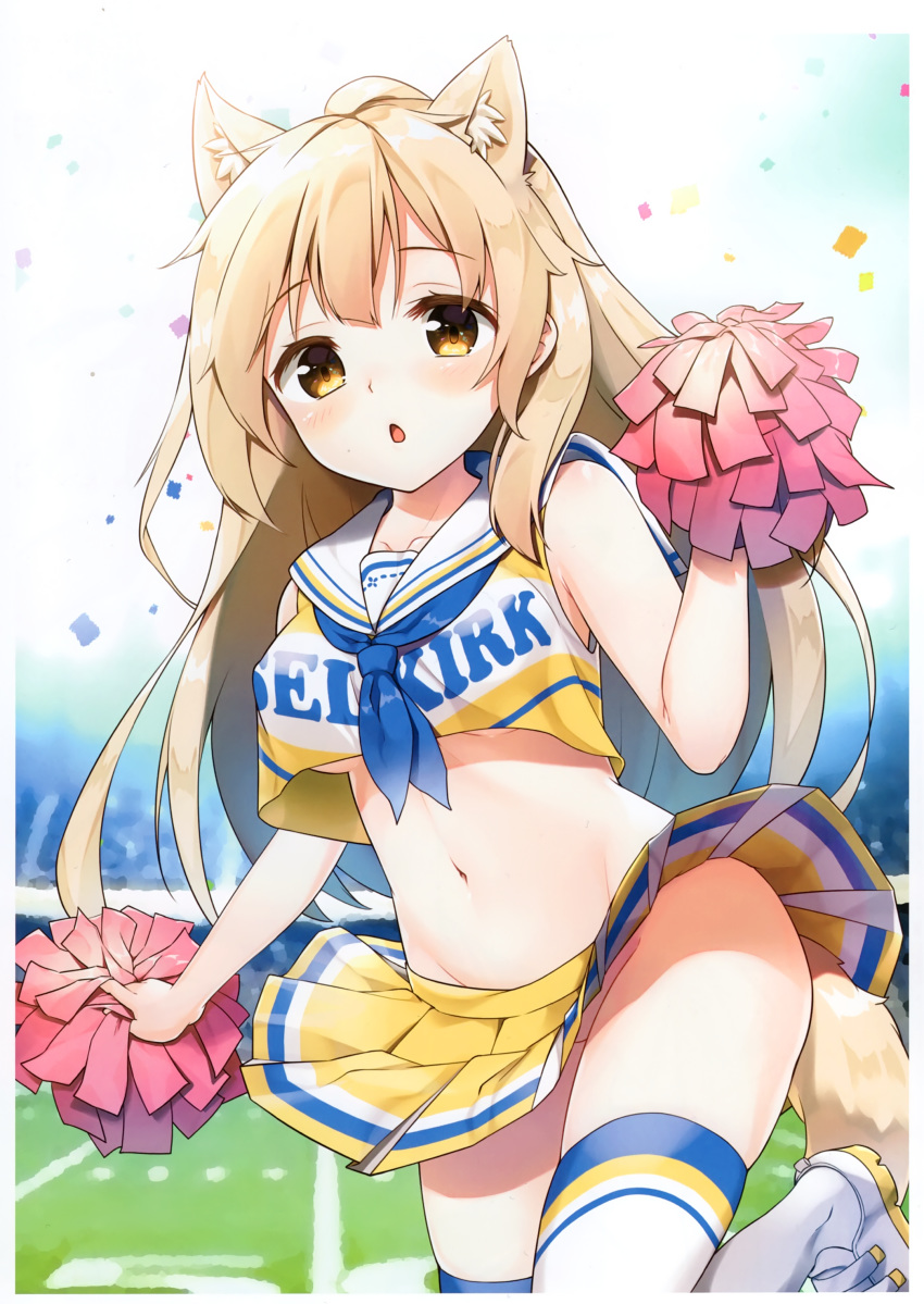 1girl absurdres animal_ears bare_arms bare_shoulders breasts brown_eyes brown_hair cheerleader clothes_writing collarbone confetti crop_top crop_top_overhang extra_ears fox_ears fox_girl fox_tail groin hand_up highres holding_pom_poms kutata leg_up long_hair looking_at_viewer medium_breasts midriff miniskirt navel neckerchief no_panties original outdoors parted_lips pleated_skirt pom_poms sailor_collar scan shirt shoes sidelocks skirt sleeveless sleeveless_shirt sneakers solo stomach tail thighhighs underboob white_legwear white_sailor_collar wind wind_lift yellow_shirt yellow_skirt