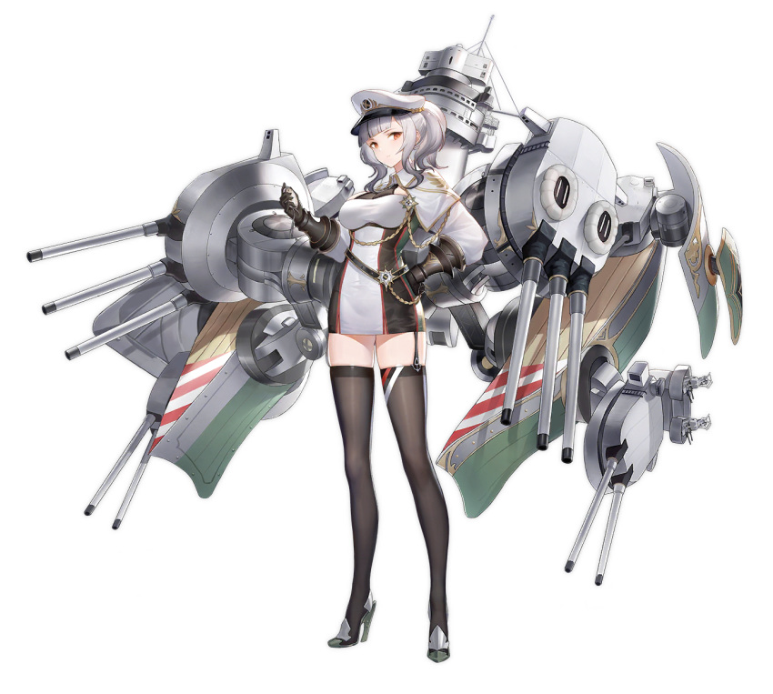 1girl artist_request azur_lane bangs black_legwear blunt_bangs breasts cannon capelet character_name compass dress expressionless expressions full_body garter_straps gauntlets giulio_cesare_(azur_lane) grey_hair gujianshaonv hand_on_hip hand_up hat high_collar high_heels highres holding_compass large_breasts looking_at_viewer medal medium_hair official_art peaked_cap red_eyes rigging rudder_footwear short_dress sidelocks solo taut_clothes taut_dress thighhighs turret twintails watermark weibo_username